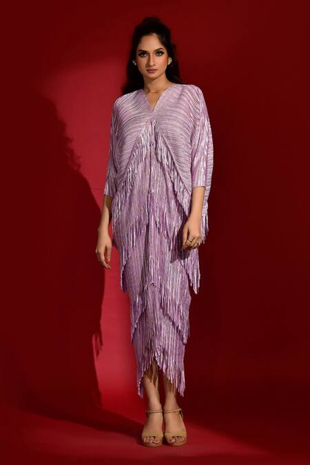 Buy_Crimp_Purple Polyester Fringe V-neck Pleated Tasselled Kaftan_Online_at_Aza_Fashions