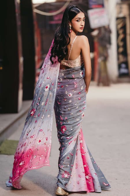 Shop Priyal Bhardwaj Pink Chiffon Embroidery, Sequins Floral Saree at Aza Fashions Shop_Priyal Bhardwaj_Pink Chiffon Embroidery, Sequins Floral Saree _at_Aza_Fashions