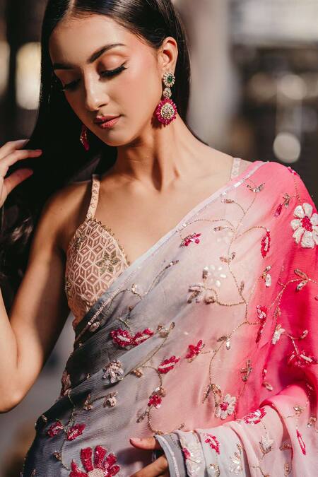 Priyal Bhardwaj Pink Chiffon Embroidery, Sequins Floral Saree Online at Aza Fashions Priyal Bhardwaj_Pink Chiffon Embroidery, Sequins Floral Saree _Online_at_Aza_Fashions
