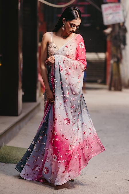 Buy Priyal Bhardwaj Pink Chiffon Embroidery, Sequins Floral Saree Online at Aza Fashions Buy_Priyal Bhardwaj_Pink Chiffon Embroidery, Sequins Floral Saree _Online_at_Aza_Fashions