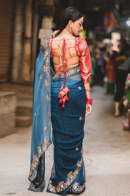 Shop Priyal Bhardwaj Blue Chiffon Zari, Embroidery Designer Saree Set at Aza Fashions Shop_Priyal Bhardwaj_Blue Chiffon Zari, Embroidery Designer Saree Set _at_Aza_Fashions