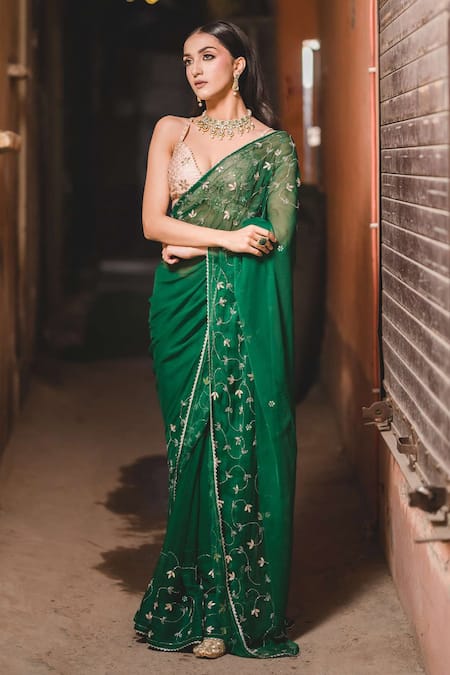 Buy Priyal Bhardwaj Green Chiffon Gota Patti, Cut Work Floral Embroidered Saree Set Online at Aza Fashions Buy_Priyal Bhardwaj_Green Chiffon Gota Patti, Cut Work Floral Embroidered Saree Set _Online_at_Aza_Fashions