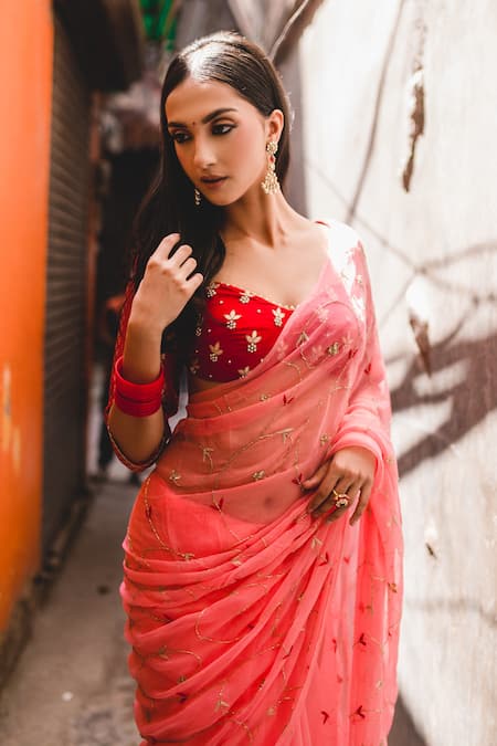 Shop_Priyal Bhardwaj_Peach Chiffon Embroidery Floral Saree _Online_at_Aza_Fashions