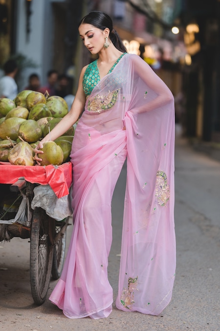 Buy online Aaritra Fashion Rainbow Moss chiffon stripped zari saree -  Peach-AF103