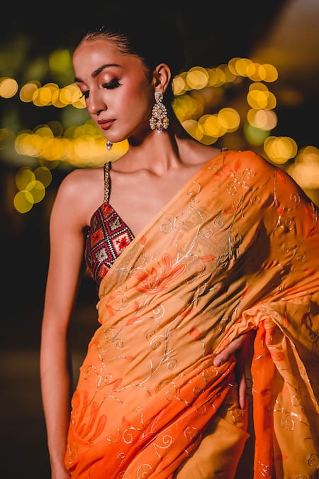 Buy_Priyal Bhardwaj_Yellow Chiffon Embroidery, Zari Floral Saree _Online_at_Aza_Fashions