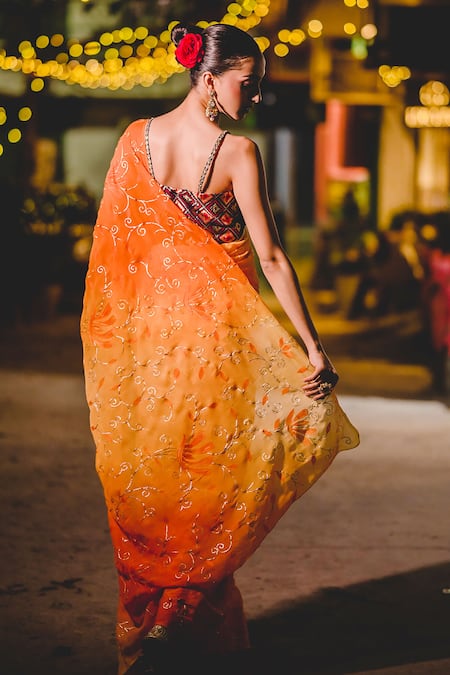 Priyal Bhardwaj_Yellow Chiffon Embroidery, Zari Floral Saree _at_Aza_Fashions