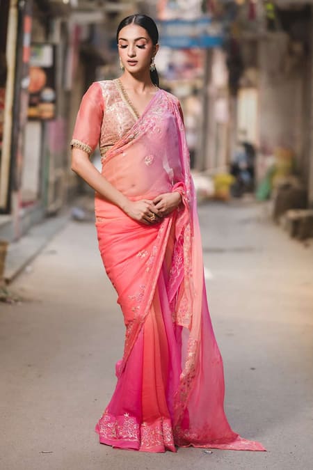 Buy online Soft Jute Silk Saree with Bandhej Print & Brasso border - Pink -AF1666