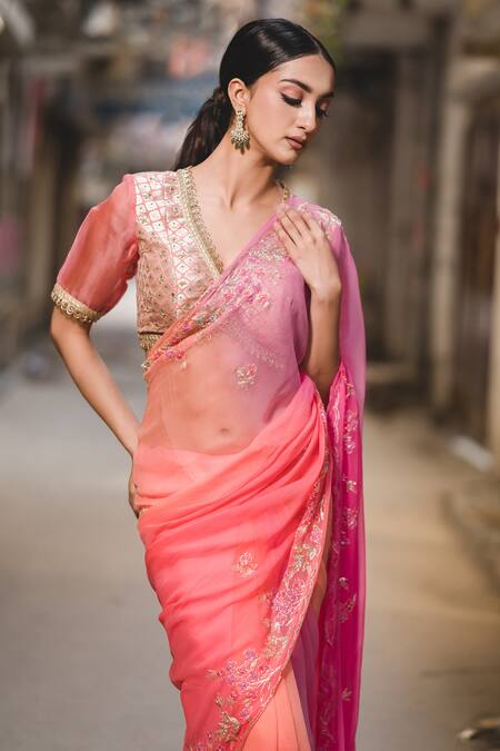 Priyal Bhardwaj_Pink Chiffon Sequins, Embroidery Floral Saree _Online_at_Aza_Fashions