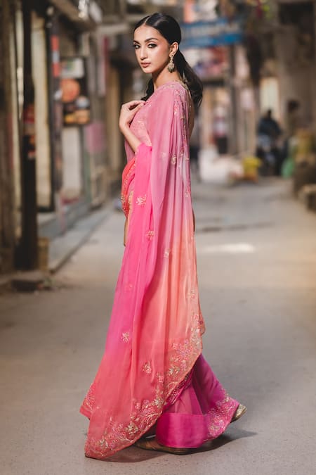 Buy_Priyal Bhardwaj_Pink Chiffon Sequins, Embroidery Floral Saree _Online_at_Aza_Fashions