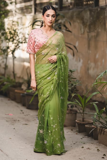 Priyal Bhardwaj_Green Chiffon Embroidery Floral Zari Saree _Online_at_Aza_Fashions