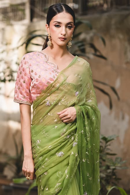 Buy_Priyal Bhardwaj_Green Chiffon Embroidery Floral Zari Saree _Online_at_Aza_Fashions
