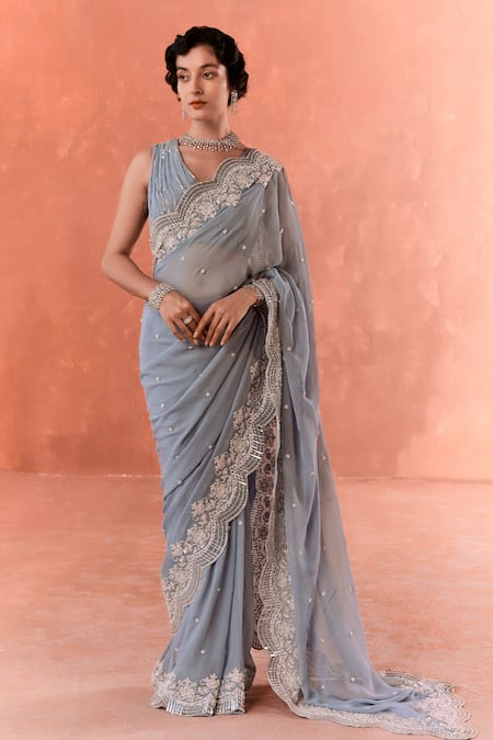 SUMMER BY PRIYANKA GUPTA Blue Georgette Hand Embroidered Cutdana V Neck Adenna Rays Saree With Blouse