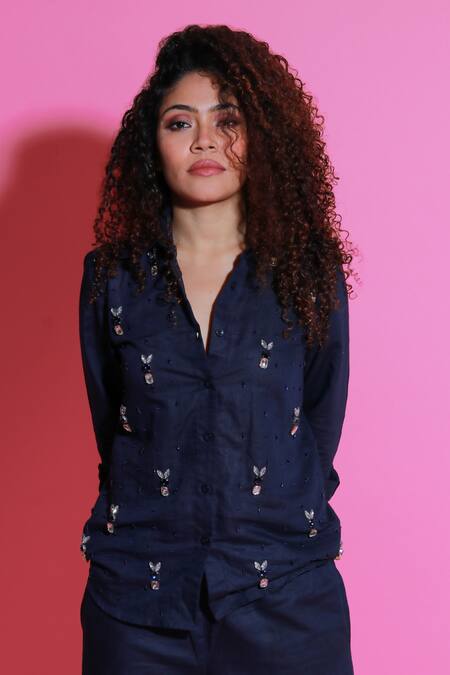 Buy Echke Blue Polyester Sequins, Embroidery Collared Hand Shirt With Pant Online at Aza Fashions Buy_Echke_Blue Polyester Sequins, Embroidery Collared Hand Shirt With Pant _Online_at_Aza_Fashions