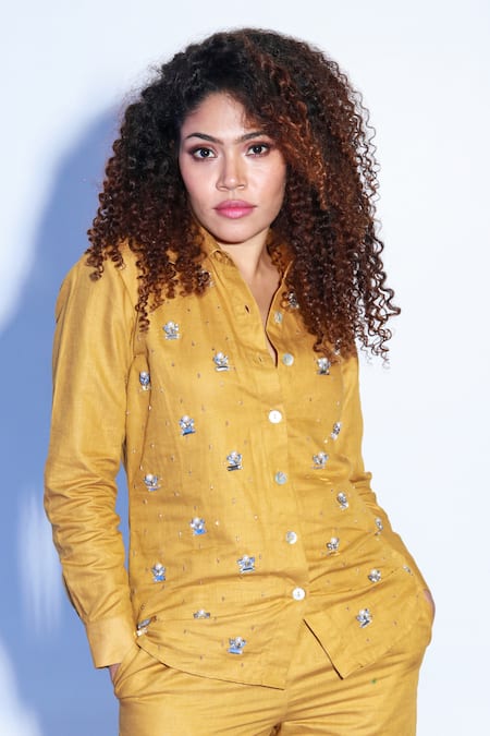 Shop Echke Yellow Cotton, Polyester Cut Work, Full Sleeve Hand Embroidered Shirt With Pant at Aza Fashions Shop_Echke_Yellow Cotton, Polyester Cut Work, Full Sleeve Hand Embroidered Shirt With Pant _at_Aza_Fashions