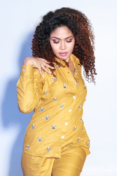 Echke Yellow Cotton, Polyester Cut Work, Full Sleeve Hand Embroidered Shirt With Pant Online at Aza Fashions Echke_Yellow Cotton, Polyester Cut Work, Full Sleeve Hand Embroidered Shirt With Pant _Online_at_Aza_Fashions