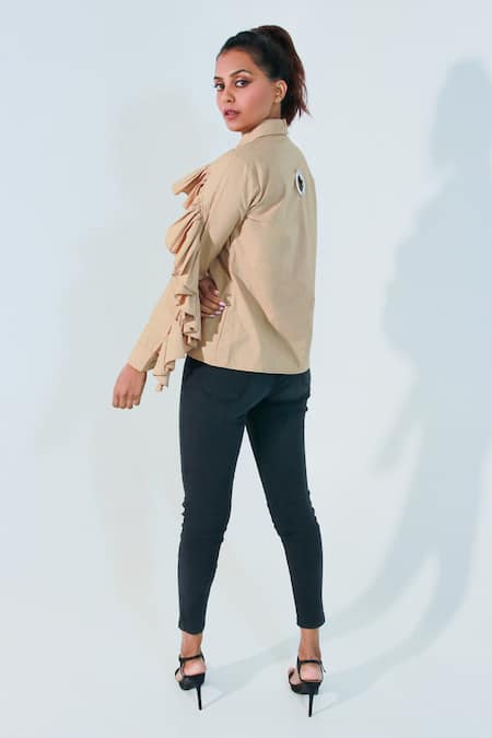 Shop Echke Brown Cotton Ruffles Collared Layered Shirt at Aza Fashions Shop_Echke_Brown Cotton Ruffles Collared Layered Shirt _at_Aza_Fashions