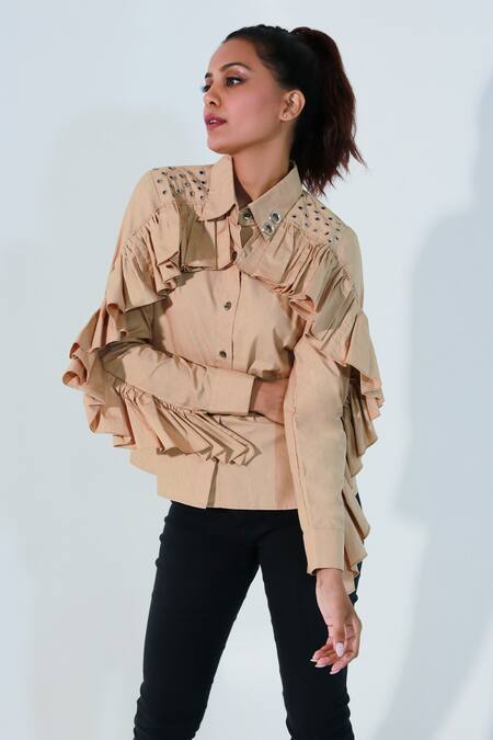 Echke Brown Cotton Ruffles Collared Layered Shirt Online at Aza Fashions Echke_Brown Cotton Ruffles Collared Layered Shirt _Online_at_Aza_Fashions
