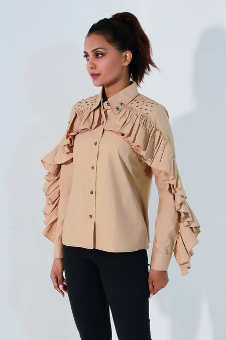 Buy Echke Brown Cotton Ruffles Collared Layered Shirt Online at Aza Fashions Buy_Echke_Brown Cotton Ruffles Collared Layered Shirt _Online_at_Aza_Fashions