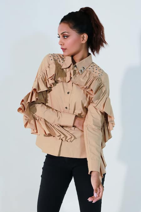 Shop Echke Brown Cotton Ruffles Collared Layered Shirt Online at Aza Fashions Shop_Echke_Brown Cotton Ruffles Collared Layered Shirt _Online_at_Aza_Fashions