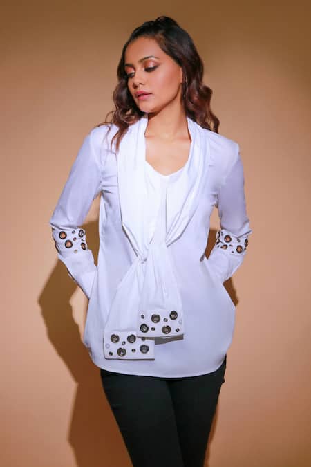 Echke White Cotton Embroidery Shawl Neck Placement Embellished Shirt 