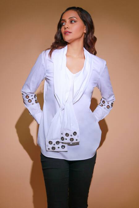 Shop Echke White Cotton Embroidery Shawl Neck Placement Embellished Shirt Online at Aza Fashions Shop_Echke_White Cotton Embroidery Shawl Neck Placement Embellished Shirt _Online_at_Aza_Fashions
