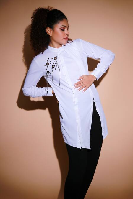 Echke White Mandarin Collar Placement Embellished Top Online at Aza Fashions Echke_White Mandarin Collar Placement Embellished Top _Online_at_Aza_Fashions