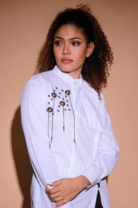 Shop Echke White Mandarin Collar Placement Embellished Top Online at Aza Fashions Shop_Echke_White Mandarin Collar Placement Embellished Top _Online_at_Aza_Fashions