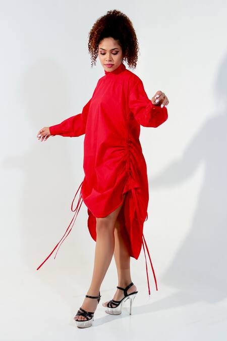 Echke Red Round Neck High Puffed Sleeve Top Online at Aza Fashions Echke_Red Round Neck High Puffed Sleeve Top _Online_at_Aza_Fashions