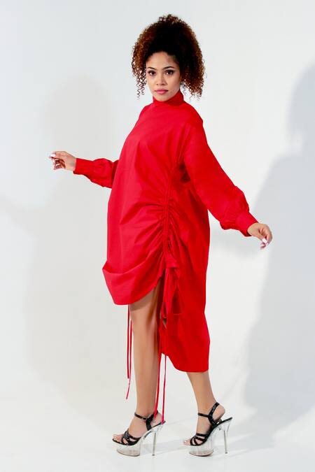 Shop Echke Red Round Neck High Puffed Sleeve Top Online at Aza Fashions Shop_Echke_Red Round Neck High Puffed Sleeve Top _Online_at_Aza_Fashions