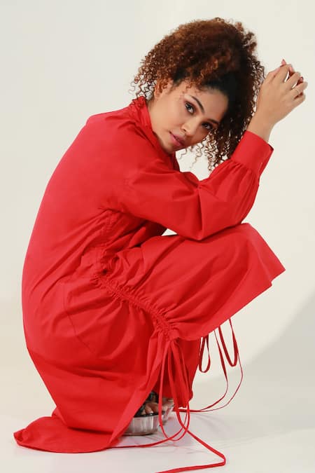 Echke Red Round Neck High Puffed Sleeve Top at Aza Fashions Echke_Red Round Neck High Puffed Sleeve Top _at_Aza_Fashions