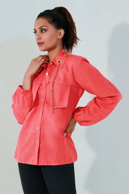 Echke Coral Embroidery Collared Neckline Embellished Shirt Online at Aza Fashions Echke_Coral Embroidery Collared Neckline Embellished Shirt _Online_at_Aza_Fashions