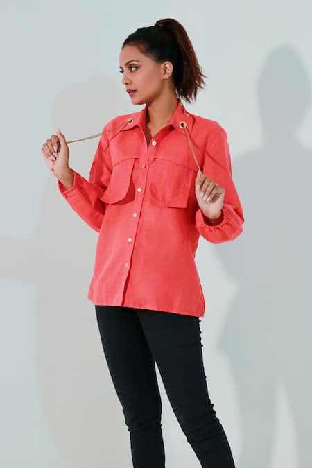 Shop Echke Coral Embroidery Collared Neckline Embellished Shirt Online at Aza Fashions Shop_Echke_Coral Embroidery Collared Neckline Embellished Shirt _Online_at_Aza_Fashions