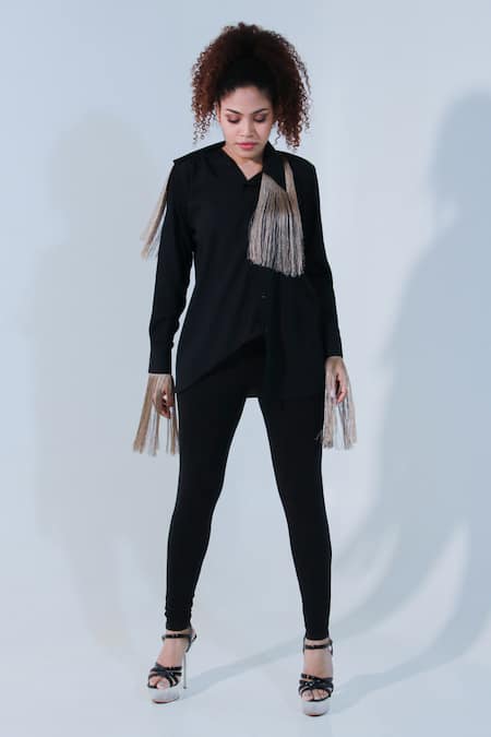 Echke Black Poplin Tassels Collared Embellished Shirt 