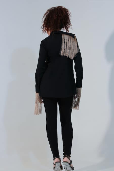 Shop Echke Black Poplin Tassels Collared Embellished Shirt at Aza Fashions Shop_Echke_Black Poplin Tassels Collared Embellished Shirt _at_Aza_Fashions