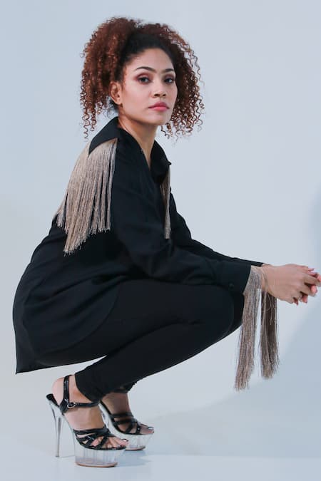 Echke Black Poplin Tassels Collared Embellished Shirt Online at Aza Fashions Echke_Black Poplin Tassels Collared Embellished Shirt _Online_at_Aza_Fashions