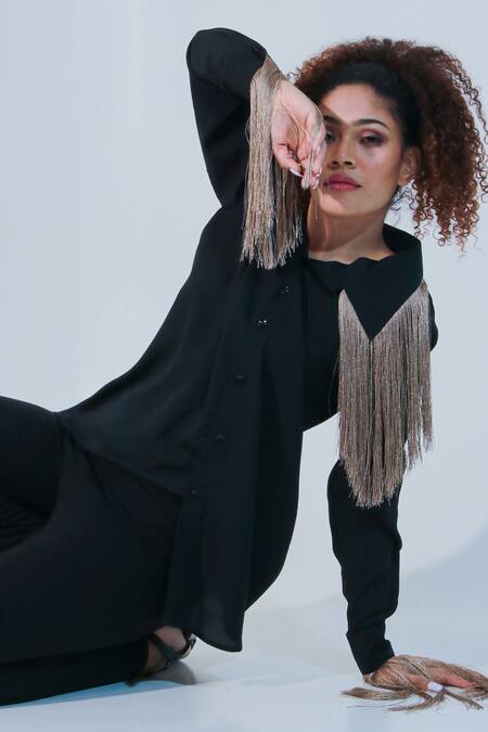 Shop Echke Black Poplin Tassels Collared Embellished Shirt Online at Aza Fashions Shop_Echke_Black Poplin Tassels Collared Embellished Shirt _Online_at_Aza_Fashions