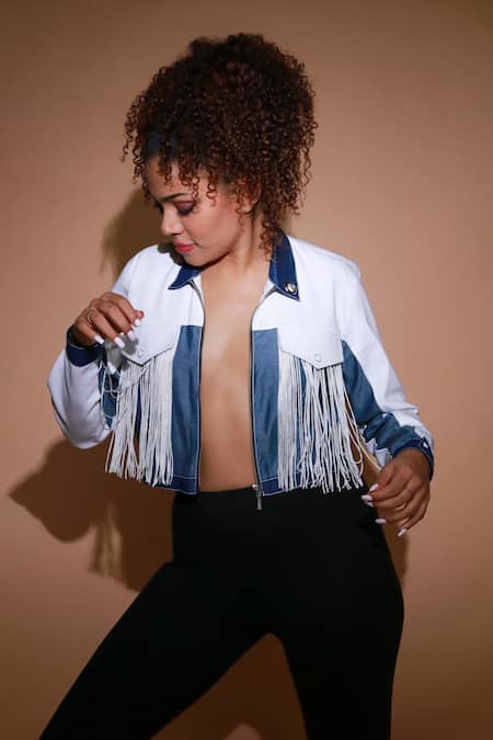 Echke White Cotton, Polyester Tassels Collared Embellished Jacket Online at Aza Fashions Echke_White Cotton, Polyester Tassels Collared Embellished Jacket _Online_at_Aza_Fashions