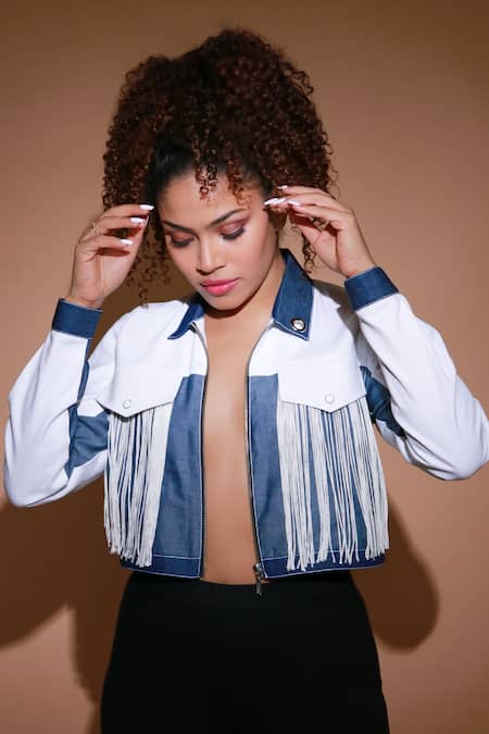 Shop Echke White Cotton, Polyester Tassels Collared Embellished Jacket Online at Aza Fashions Shop_Echke_White Cotton, Polyester Tassels Collared Embellished Jacket _Online_at_Aza_Fashions