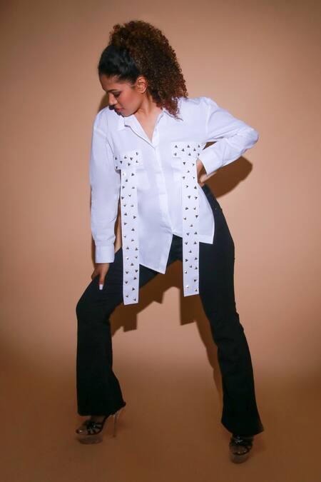 Buy_Echke_White Cotton, Polyester Studs Collared Embellished Shirt_Online_at_Aza_Fashions
