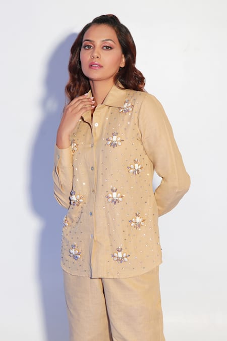 Echke Beige Cotton Crystals, Stones, Embroidery Split Embellished Shirt And Pant Set 