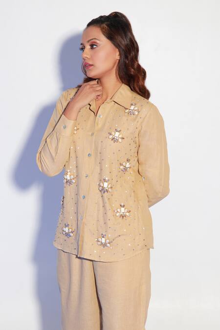 Echke Beige Cotton Crystals, Stones, Embroidery Split Embellished Shirt And Pant Set Online at Aza Fashions Echke_Beige Cotton Crystals, Stones, Embroidery Split Embellished Shirt And Pant Set _Online_at_Aza_Fashions