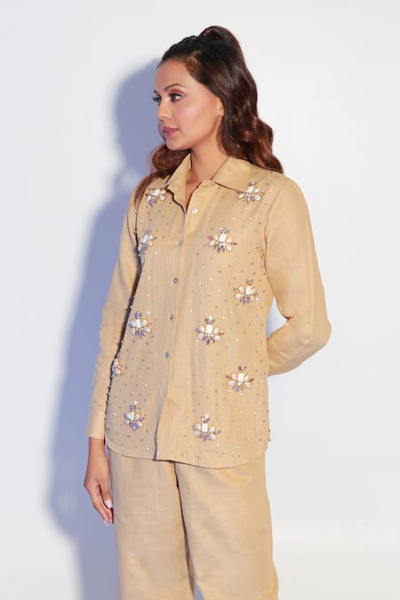 Buy Echke Beige Cotton Crystals, Stones, Embroidery Split Embellished Shirt And Pant Set Online at Aza Fashions Buy_Echke_Beige Cotton Crystals, Stones, Embroidery Split Embellished Shirt And Pant Set _Online_at_Aza_Fashions
