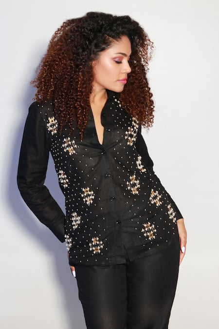 Echke Black Cotton Pearls, Stones Split V-neck Embellished Shirt And Pant Set 