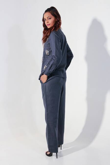 Shop Echke Grey Poplin Crystals, Stones Split V-neck Embroidered Shirt And Pant Set at Aza Fashions Shop_Echke_Grey Poplin Crystals, Stones Split V-neck Embroidered Shirt And Pant Set _at_Aza_Fashions