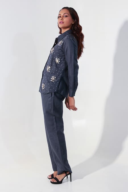 Shop Echke Grey Poplin Crystals, Stones Split V-neck Embroidered Shirt And Pant Set Online at Aza Fashions Shop_Echke_Grey Poplin Crystals, Stones Split V-neck Embroidered Shirt And Pant Set _Online_at_Aza_Fashions