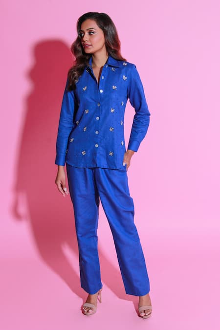 Echke Blue Cotton Crystals, Stones Split V-neck Embroidered Shirt And Pant Set 