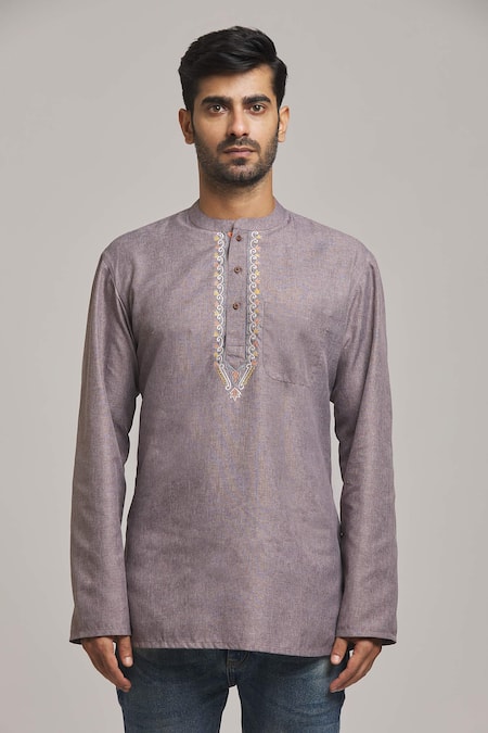 Arihant Rai Sinha_Grey Polyester, Cotton Embroidery Placket Kurta _Online_at_Aza_Fashions