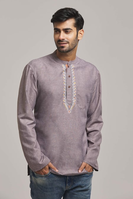 Buy_Arihant Rai Sinha_Grey Polyester, Cotton Embroidery Placket Kurta _Online_at_Aza_Fashions
