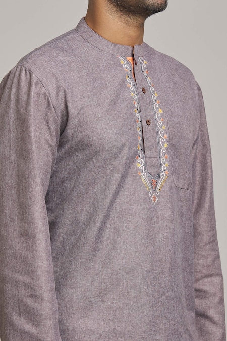 Shop_Arihant Rai Sinha_Grey Polyester, Cotton Embroidery Placket Kurta _Online_at_Aza_Fashions