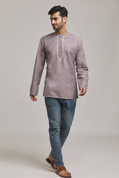 Arihant Rai Sinha_Grey Polyester, Cotton Embroidery Placket Kurta _at_Aza_Fashions